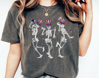 Comfort Colors Fourth of July Skeleton Shirt, Funny 4th of July Shirt, 4th of July Skellies, Dancing Skeleton Shirt, American Flag Tee