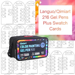 May include: A black rectangular carrying case for 216 Qimiart gel pens, featuring a colorful graphic label with text including 144 acrylic colors and 72 glitter colors. The case is surrounded by white swatch cards with Mickey-shaped outlines.