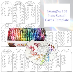 May include: A collection of GuangNa 168 pens with swatch cards. The pens are arranged in a box, showcasing a wide array of colors. Swatch cards are fanned out, displaying color samples. The text "GuangNa 168 Pens Swatch Cards Template" is visible.