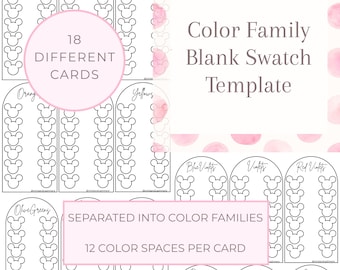 Plantilla de tarjetas de muestras de colores en blanco, descarga digital instantánea en PDF, tabla imprimible de paleta de colores para marcadores, muestras para colorear.
