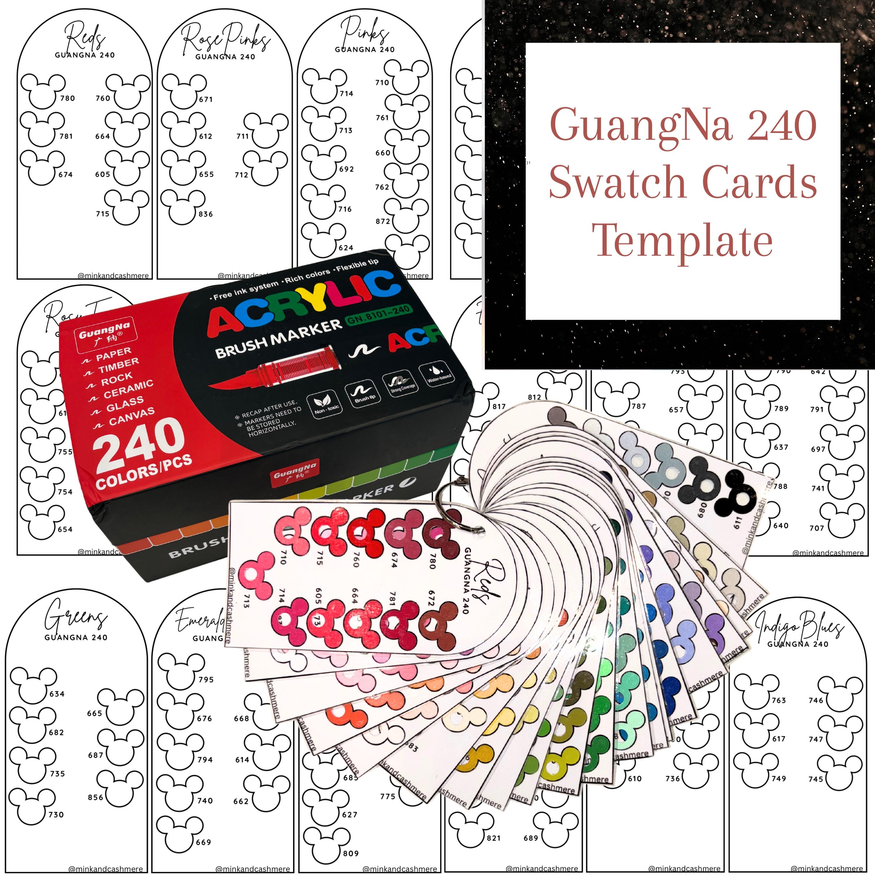 Guangna 240 Acrylic Brush Markers Swatch Template, PDF Digital