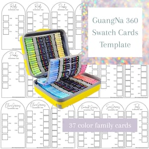 Puede incluir: Un estuche amarillo lleno de tarjetas de muestras de colores, etiquetado como "GuangNa 360 Swatch Cards Template". La imagen incluye 37 tarjetas de familias de colores con varias muestras de colores y números correspondientes. El texto "37 color family cards" también es visible.