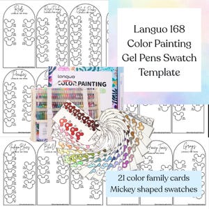 May include: A collection of Languo 168 Color Painting Gel Pens swatch templates. The image includes color family cards with Mickey Mouse-shaped swatches, a box of gel pens, and the text "Languo 168 Color Painting Gel Pens Swatch Template."