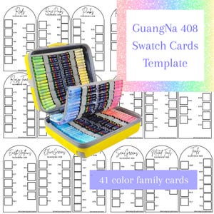 Könnte beinhalten: Ein gelber Koffer voller bunter Marker, geöffnet, um den Inhalt zu zeigen. Das Bild enthält Farbkarten mit Farbfamilien wie "Reds" und "Teals" sowie den Text "GuangNa 408 Swatch Cards Template".