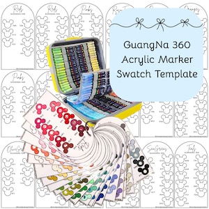 May include: A yellow acrylic marker case with a variety of colored markers and swatch templates. The templates feature color swatches in a Mickey Mouse head shape, with the text "GuangNa 360 Acrylic Marker Swatch Template".