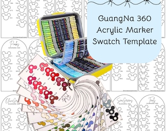 GuangNa 360 acryl penseelmarkeringen staalsjabloon, pdf digitale download afdrukbare grafiek, DIY georganiseerd kleurenpalet, kleurkaartsjabloon