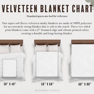 May include: A chart showing the different sizes of velveteen blankets. The chart shows a standard queen size bed for reference. The blankets are available in 30 inches by 40 inches, 50 inches by 60 inches, and 60 inches by 80 inches.
