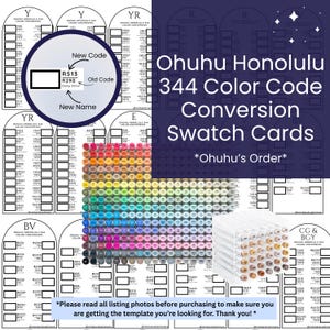Pode incluir: Uma tabela de conversão de cores para marcadores Ohuhu Honolulu 344. A imagem exibe uma variedade de amostras de cores, um guia de conversão de códigos de cores e um pacote de marcadores. O texto inclui "Ohuhu Honolulu 344 Color Code Conversion Swatch Cards."