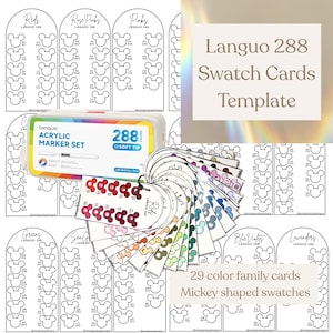 May include: A display of Languo 288 swatch cards and an acrylic marker set. The cards, shaped like Mickey Mouse, showcase colour swatches, categorised by families such as Reds, Pinks, and Greens. The set contains 288 soft tip markers.