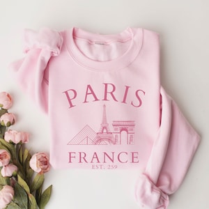 Paris France Sweatshirt, Eiffel Tower Sweater, Paris Trip Shirt, Travel to Paris, Paris Gifts, Varsity Crewneck, College Tourist Sweatshirt Light Pink