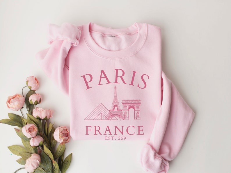 Paris France Sweatshirt, Eiffel Tower Sweater, Paris Trip Shirt, Travel to Paris, Paris Gifts, Varsity Crewneck, College Tourist Sweatshirt Light Pink