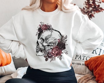 Skull and Roses Sweatshirt, Halloween Sweatshirt, Skeleton Sweatshirt, Spooky Season Sweater, Scary Gothic Halloween Tee, Fall Gift