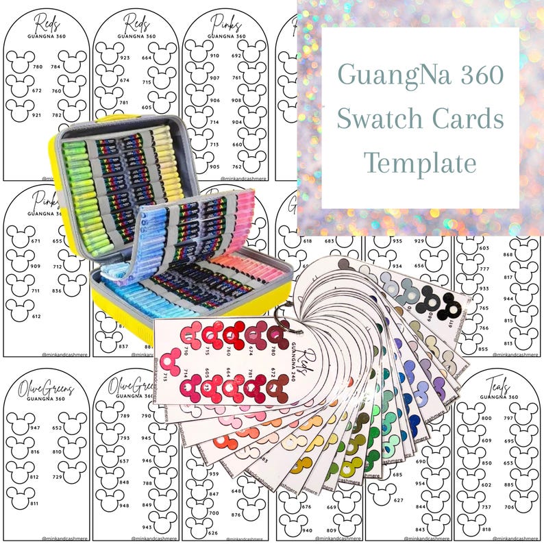 May include: A yellow case containing a variety of coloured markers and swatch cards. The cards are arranged in a fan, showing different colour shades. The text "GuangNa 360 Swatch Cards Template" is displayed.