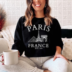 Paris France Sweatshirt, Eiffel Tower Sweater, Paris Trip Shirt, Travel to Paris, Paris Gifts, Varsity Crewneck, College Tourist Sweatshirt Black