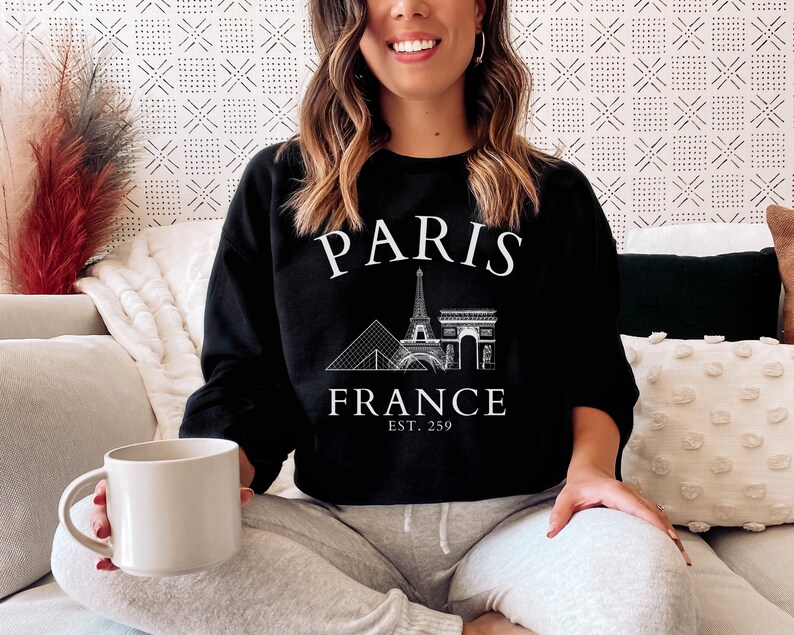 Paris France Sweatshirt, Eiffel Tower Sweater, Paris Trip Shirt, Travel to Paris, Paris Gifts, Varsity Crewneck, College Tourist Sweatshirt Black
