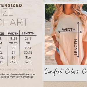 K&ouml;nnte beinhalten: Gr&ouml;&szlig;entabelle f&uuml;r Oversize-T-Shirts mit Ma&szlig;en in Zoll. Die Tabelle zeigt die Breite und L&auml;nge der Shirts in den Gr&ouml;&szlig;en S, M, L, XL, 2XL und 3XL. Der Text "Comfort Colors C1717" ist ebenfalls sichtbar.