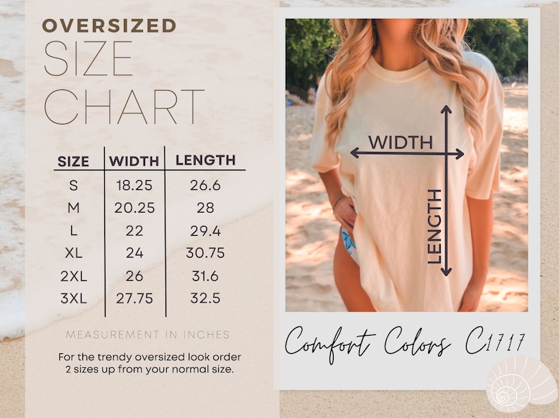 K&ouml;nnte beinhalten: Gr&ouml;&szlig;entabelle f&uuml;r Oversize-T-Shirts mit Ma&szlig;en in Zoll. Die Tabelle zeigt die Breite und L&auml;nge der Shirts in den Gr&ouml;&szlig;en S, M, L, XL, 2XL und 3XL. Der Text "Comfort Colors C1717" ist ebenfalls sichtbar.