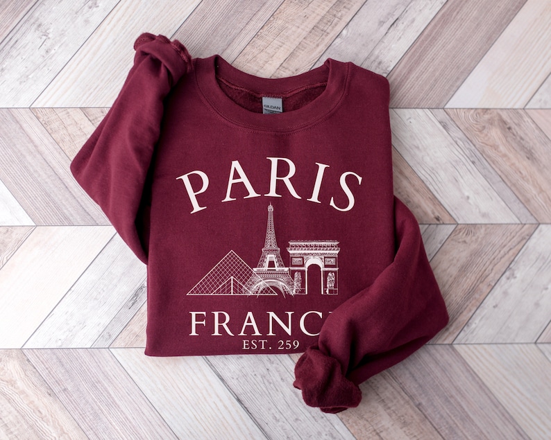 Paris France Sweatshirt, Eiffel Tower Sweater, Paris Trip Shirt, Travel to Paris, Paris Gifts, Varsity Crewneck, College Tourist Sweatshirt Maroon