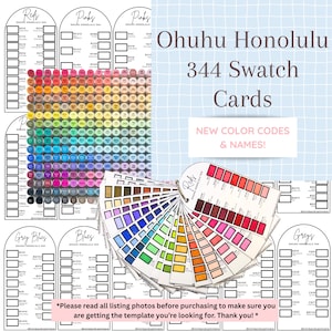 Op de afbeelding: Afbeelding van Ohuhu Honolulu 344 kleurstalenkaarten, met een breed scala aan kleuren. De afbeelding bevat kleurenschema's, een waaier van kleurstalen en de tekst "New Color Codes & Names!"