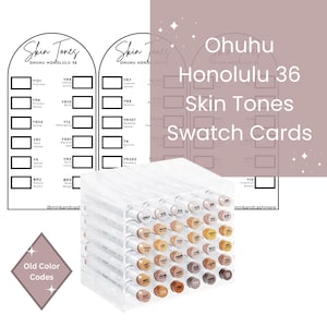 Puede incluir: Un conjunto de marcadores Ohuhu Honolulu 36 Skin Tones con tarjetas de muestras. Los marcadores están dispuestos en un soporte acrílico transparente. Las tarjetas de muestras muestran nombres y códigos de colores, incluyendo Y121, YR6, YR34, YR1, Y9, BR2, YR9, YR10, YR91, YR5, BR3, YR7, YR8, YR107, Y4, YR205 y Y13.