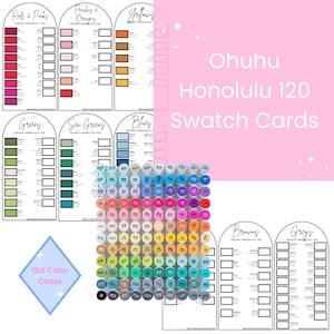 Puede incluir: Tarjetas de muestras Ohuhu Honolulu 120 que muestran una variedad de colores, incluyendo rojos, rosas, naranjas, amarillos, verdes, verdes marinos, azules, marrones y grises. La imagen también muestra un conjunto de marcadores de color.