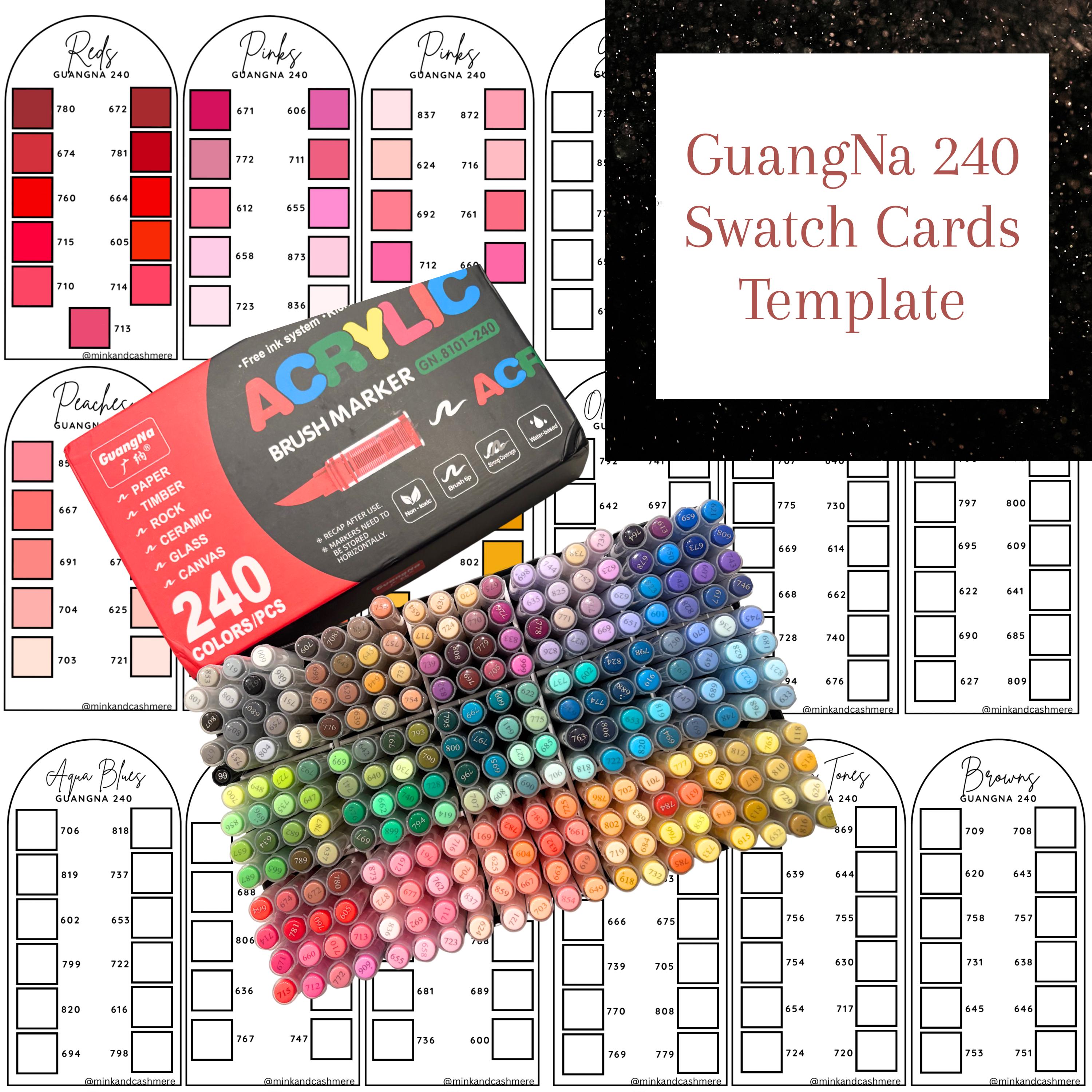 Guangna 240 Acrylic Brush Markers Swatch Template, PDF Digital