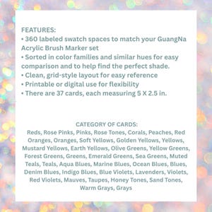 May include: A white card with text detailing features of a GuangNa Acrylic Brush Marker set. The card includes 360 labeled swatch spaces, sorted by colour families. Each of the 37 cards measures 12.7 x 6.35 cm. Categories include reds, yellows, greens, and blues.