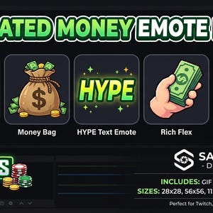 Animated money twitch emotes, cash rain animated emote pack, sub emotes discord kick youtube streamer, cash bag flex rich emotes