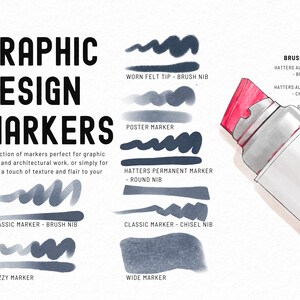 May include: A collection of graphic design markers with different nibs and ink types. The image shows the different strokes each marker creates. The text "GRAPHIC DESIGN MARKERS" is at the top of the image. The text "BRUSHES USED" is at the top right of the image. The text "EXTRA BROAD INSAREC COP R29" is on the side of a marker.