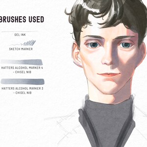 May include: A drawing of a person's face with a black turtleneck. The drawing is done with gel ink, sketch markers, and alcohol markers. The text "BRUSHES USED" is at the top of the image, followed by a list of the art supplies used.