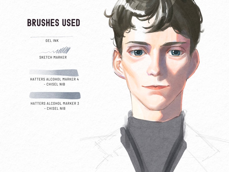 May include: A drawing of a person's face with a black turtleneck. The drawing is done with gel ink, sketch markers, and alcohol markers. The text "BRUSHES USED" is at the top of the image, followed by a list of the art supplies used.
