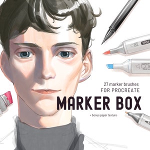 May include: A digital illustration of a man with short brown hair wearing a black mock neck shirt. The image is a product advertisement for a set of 27 marker brushes for Procreate called "Marker Box" with a bonus paper texture.