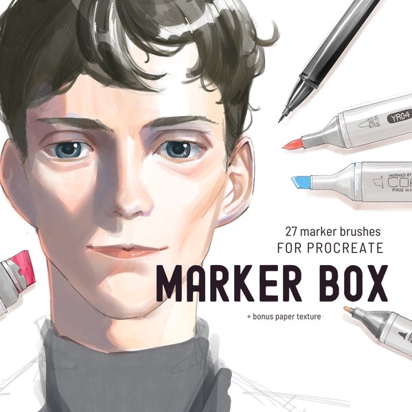 NEW! Marker Box - Copic markers inspired Procreate brushes, line art brushes, paper texture and colour swatches for procreate