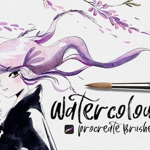 May include: Watercolor Procreate brushes for digital art. The image shows a purple and pink watercolor brush stroke with a brush and the text "Watercolour Procreate Brushes".