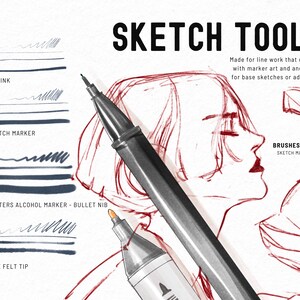 May include: A close-up of a drawing of a person's face and shoulder, with a black and silver marker pen and a white and silver marker pen. The text "SKETCH TOOLS" is at the top of the image. The text "Made for line work that goes well with marker art and and perfect for base sketches or adding fine details." is below the title. The text "BRUSHES USED" is at the bottom of the image, with the text "SKETCH MARKER" below it.