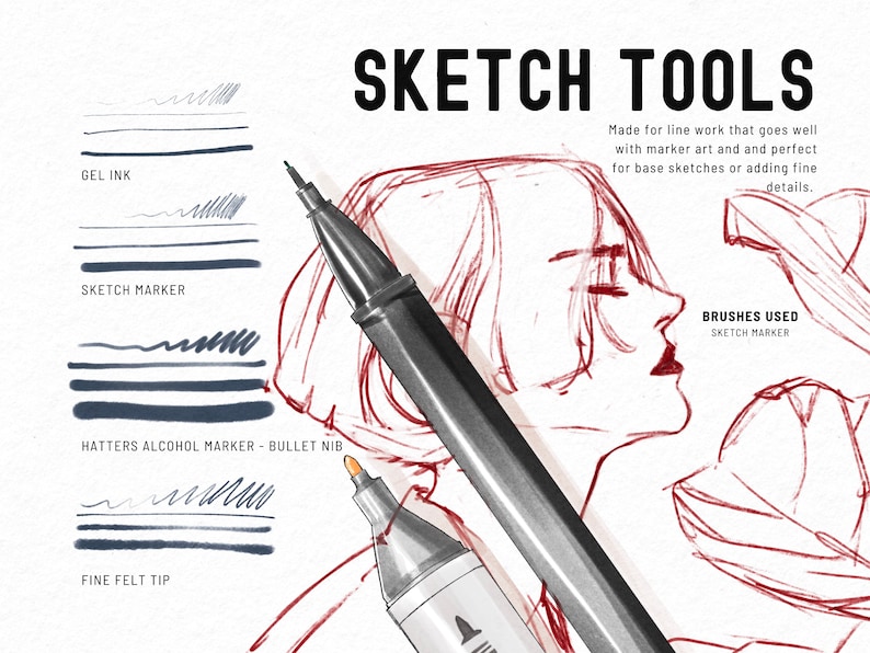 May include: A close-up of a drawing of a person's face and shoulder, with a black and silver marker pen and a white and silver marker pen. The text "SKETCH TOOLS" is at the top of the image. The text "Made for line work that goes well with marker art and and perfect for base sketches or adding fine details." is below the title. The text "BRUSHES USED" is at the bottom of the image, with the text "SKETCH MARKER" below it.