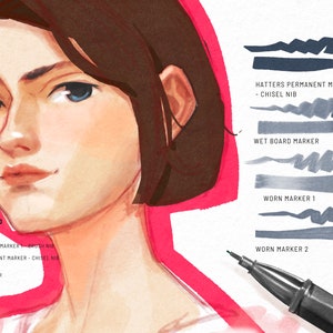 May include: A close-up of a woman's face drawn in watercolor and ink. The image shows the different brushes used to create the illustration, including fine felt tip, brush nib, chisel nib, wet board marker, and worn marker.