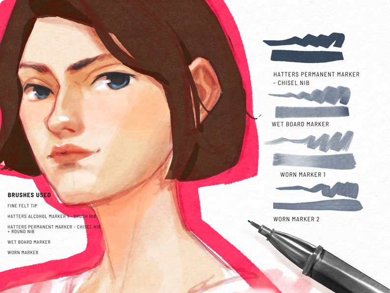 May include: A close-up of a woman's face drawn in watercolor and ink. The image shows the different brushes used to create the illustration, including fine felt tip, brush nib, chisel nib, wet board marker, and worn marker.