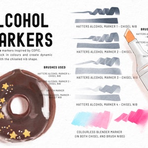 May include: A brown and white donut with gold stars on top. The donut is illustrated with watercolor and alcohol markers. The image also shows the alcohol markers used to create the donut, including the chisel nib and brush nibs.