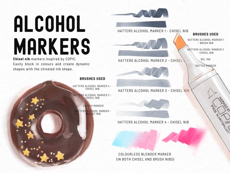 May include: A brown and white donut with gold stars on top. The donut is illustrated with watercolor and alcohol markers. The image also shows the alcohol markers used to create the donut, including the chisel nib and brush nibs.