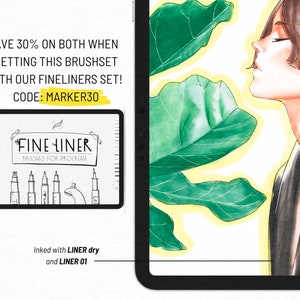 May include: A digital illustration of a person with short brown hair and a black jacket, with green leaves in the background. The text "SAVE 30% ON BOTH WHEN GETTING THIS BRUSHSET WITH OUR FINELINERS SET! CODE: MARKER30" is at the top of the image. The text "FINELINER BRUSHES FOR PROCREATE" is in a white box with a black border. The text "Inked with LINER dry and LINER 01" is at the bottom of the image.