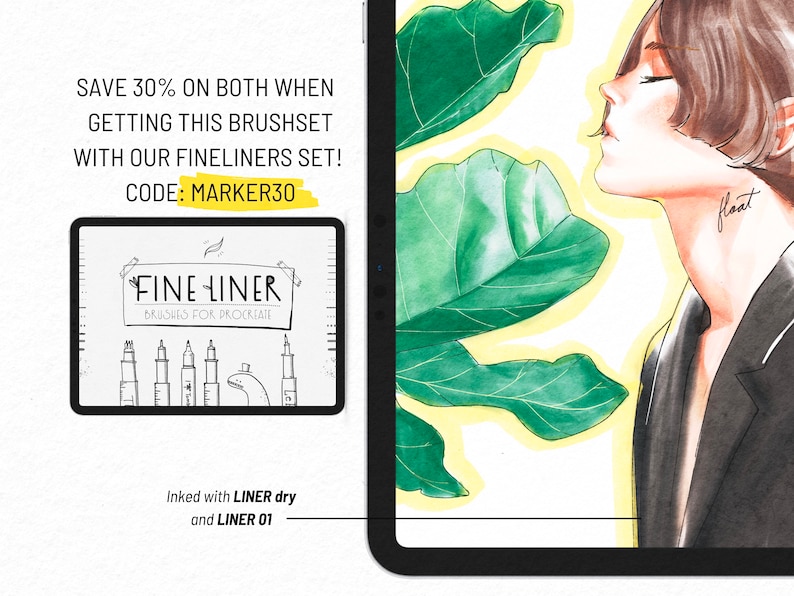 May include: A digital illustration of a person with short brown hair and a black jacket, with green leaves in the background. The text "SAVE 30% ON BOTH WHEN GETTING THIS BRUSHSET WITH OUR FINELINERS SET! CODE: MARKER30" is at the top of the image. The text "FINELINER BRUSHES FOR PROCREATE" is in a white box with a black border. The text "Inked with LINER dry and LINER 01" is at the bottom of the image.