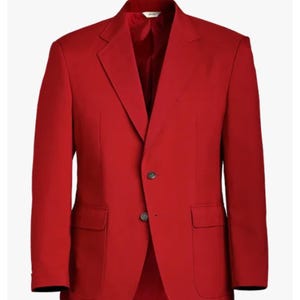 May include: A solid red blazer with a two-button closure and flap pockets.