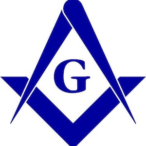 May include: A blue and white Masonic symbol with a 'G' in the center. The symbol is a square and compass with a star in the background.