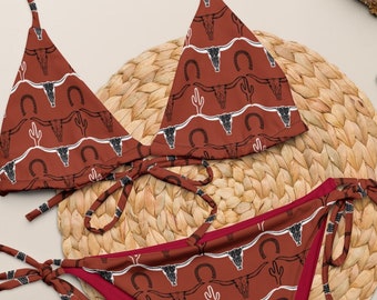 Longhorn Skull Recycled String Bikini Set, Cactus Western Bikini Set, Cowgirl Bathing Suit, Trendy Swimwear, Vacation Cowgirl Boots Bikini