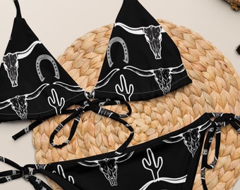 Longhorn Skull Recycled String Bikini Set, Cactus Western Bikini Set, Cowgirl Bathing Suit, Trendy Swimwear, Vacation Cowgirl Boots Bikini