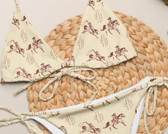 Bucking Horse Recycled String Bikini Set, Cactus Western Swimsuit, Cowgirl Bathing Suit, Trendy Vacation Cowgirl Boots Bikini