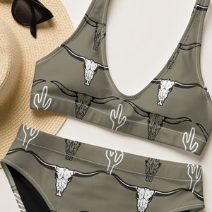 Longhorn Skull Recycled High-waisted Bikini, Cactus Western Swimsuit, Cowgirl Bathing Suit, Trendy Swimwear, Vacation Cowgirl Boots Bikini
