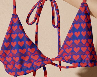 Hearts Plaid Recycled String Bikini Set, Custom Crop Top, Top Sellers Sustainable Swimwear, Cheeky Bikini Bottom, Cute Bikini Top