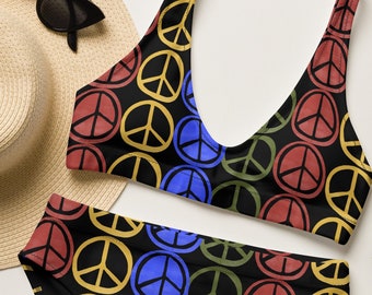 Peace Sign Recycled High-waisted Bikini, Trippy Swimsuit Trendy Bathing Suit, Cute Festival Indie Swimwear, Vibrant Retro Groovy Swimsuit